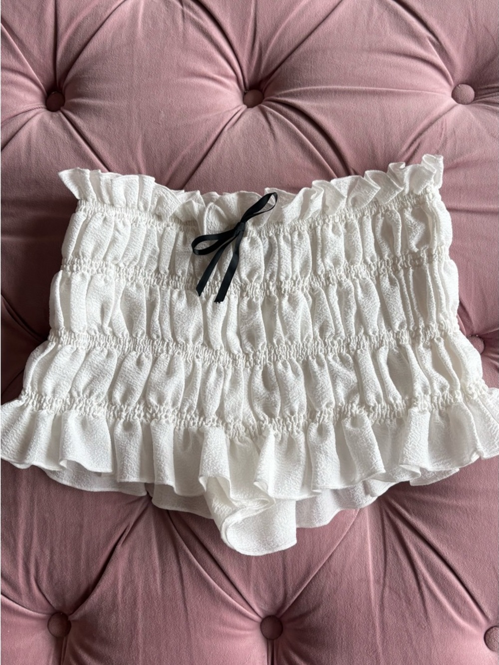 Fashion Nova White Ruffle Bloomer Shorts with Bow Waist